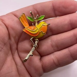 Vintage Gold Tone Orange Yellow Bird Brooch Pin